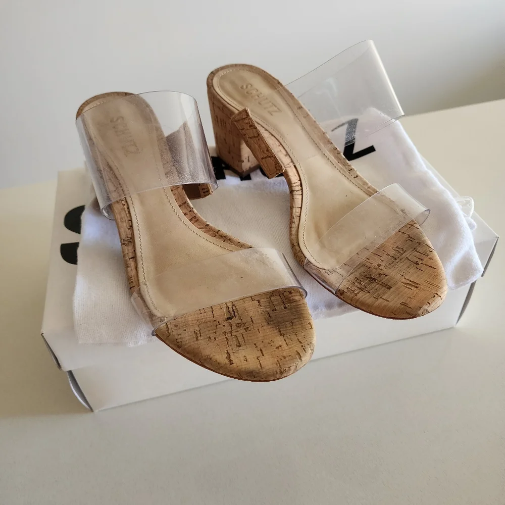 SCHUTZ Victorie Clear Strap Tan Block Heel Mules - Picture 7 of 13